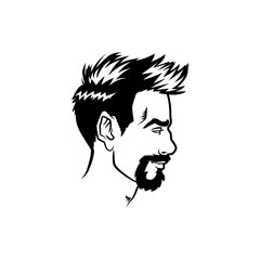 Vector bearded men face profile hipster head with haircuts, mustaches and beards. For Silhouettes or avatars, emblems and icons, labels