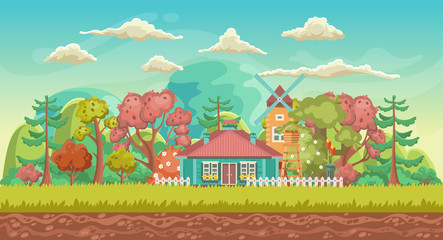 Obraz na płótnie Canvas Vector game background. Landscape orientation. Panorama with cute village