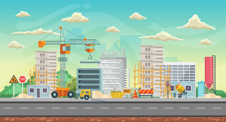 Vector game background. Landscape orientation. Panorama with construction - 211588221