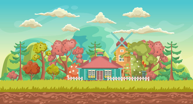 Vector game background. Landscape orientation. Panorama with cute village