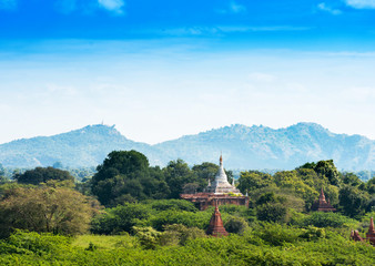 View of ancient pagodas in Bagan, Myanmar. Copy space for text.