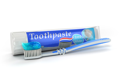 modern concept of the design of a tube of toothpaste toothpaste tube with toothbrush 3d render on white
