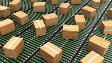 Modern Packages delivery packaging service and parcels transportation system concept cardboard boxes on conveyor 3d render - obrazy, fototapety, plakaty