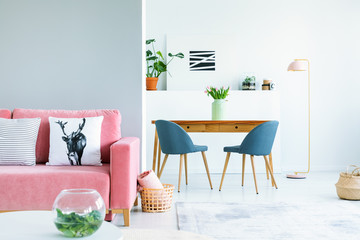 Pillows on pink couch in bright interior with blue chairs at dining table with flowers. Real photo