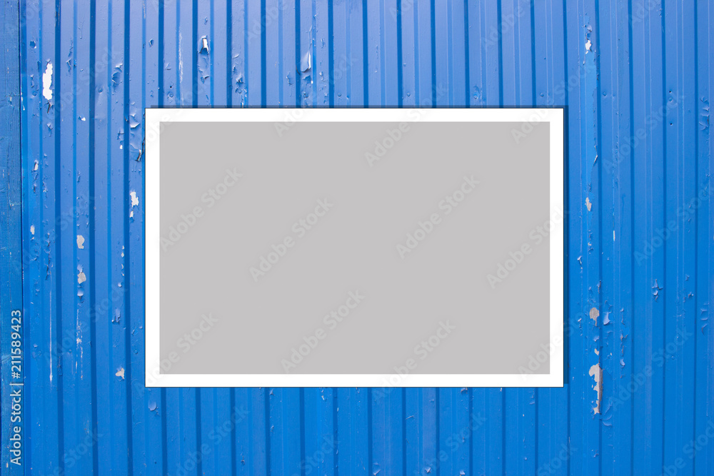 Poster blue metal fence background. photo frame mock up. empty space for text design and message