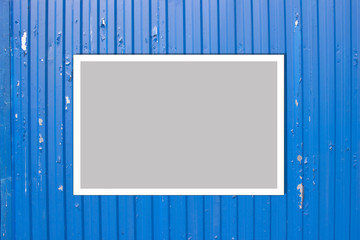 Blue metal fence background. Photo Frame Mock Up. Empty space for text design and message 