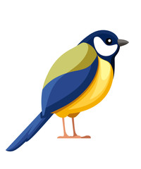Titmouse bird. Flat cartoon character design. Colorful bird icon. Cute yellow and blue tit. Vector illustration isolated on white background