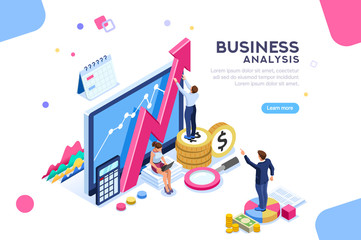 Auditing, business analysis concept with characters. Concept of opportunities. Graphic and audit documentation, economic analysis financial budget. Illustration Flat isometric vector background.