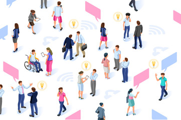 Fototapeta na wymiar Brainstorm infographic with isometric characters. Group for development resources. Idea concept for social media solutions. Flat isometric people illustration vector isolated on white background.