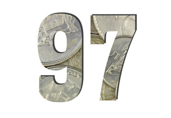 97 3d Number Shiny silver coins textures for designers. White isolated