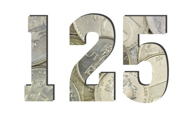 125 3d Number Shiny silver coins textures for designers. White isolated