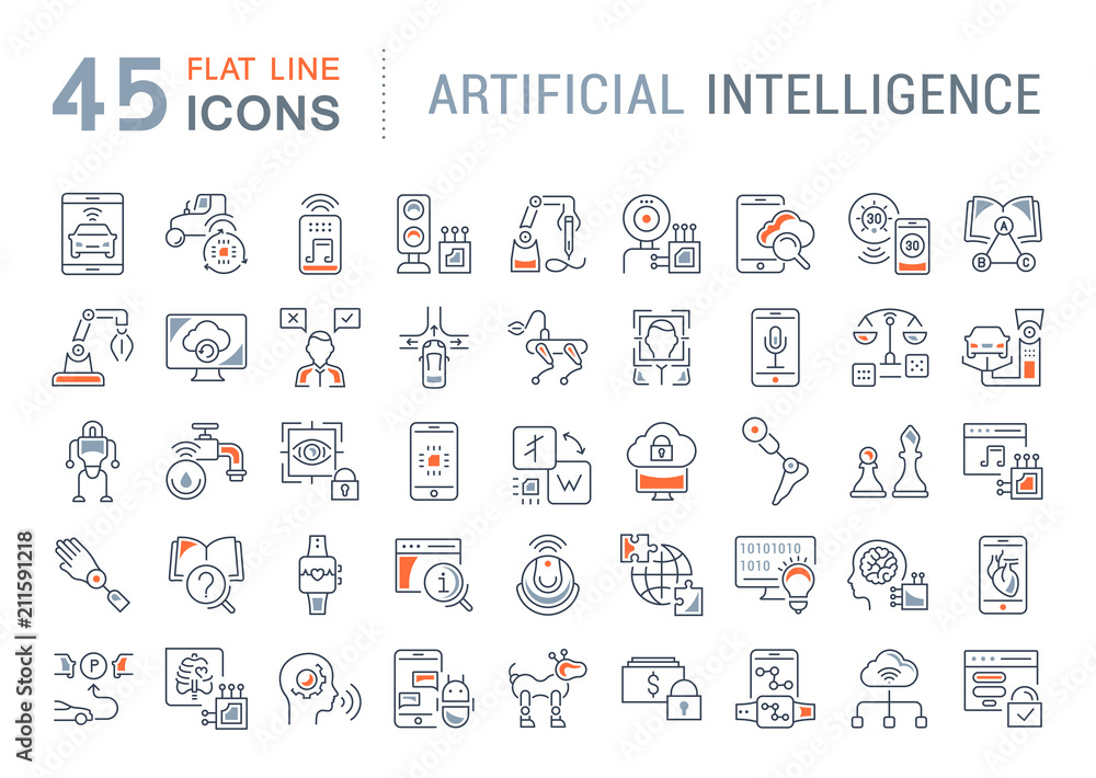 Wall mural set vector line icons of artificial intelligence.