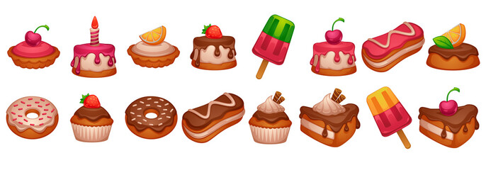 cakes, donuts and desserts, shiny and glossy cartoon objects on white background