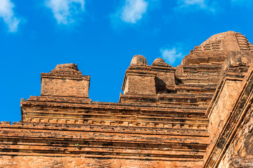 View of the facade of the pagoda in Bagan, Myanmar. Bottom view. Copy space for text.