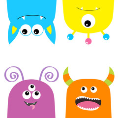 Colorful monster silhouette set. Hanging head face set. Cute cartoon scary character. Baby collection. Eyes, tongue, horns. Happy Halloween. White background. Isolated. Flat design.