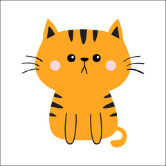 Orange red cat sad head face silhouette. Cute cartoon sitting kitty character. Kawaii animal. Funny baby kitten. Love Greeting card. Flat design. White background Isolated.