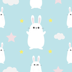 Seamless Pattern Rabbit hare head, hands. Cloud, star shape. Cute cartoon kawaii character. Baby pet collection. Wrapping paper, textile template. White background. Flat design.