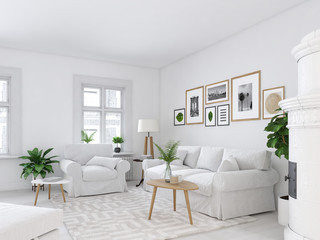 living room with picture frames and fireplace. 3d rendering