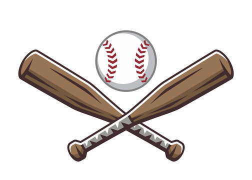 Two crossed wooden baseball bats and ball. Sport logo, emblem, symbol, sign, badge, label, vector illustration in cartoon style, isolated on white background.