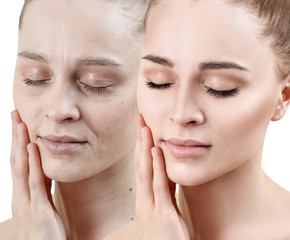 Portrait of woman before and after skin rejuvenation