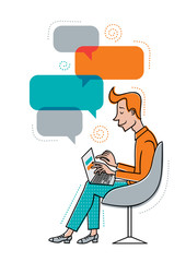 laptop_man3/Young man sitting in a chair with a laptop. Man communicates online.