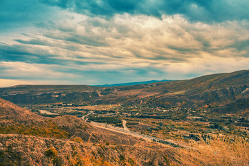 View of the road near Mtskheta city from Jvari monastery. Georgia. Europe