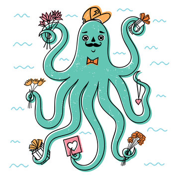 octopus/Friendly octopus in a cap and a mustache.