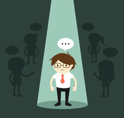 Business concept, Businessman standing alone in spotlight and feeling awkward. Vector illustration.