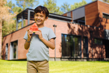 Healthy lifestyle. Exuberant dark-haired boy smiling and eating a big slice of watermelon