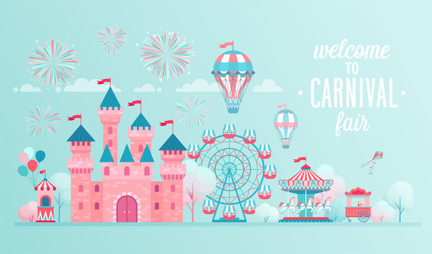 Amusement park landscape banners with castle, carousels and air balloon.