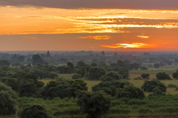 View of the rural landscape at sunset in Bagan, Myanmar. Copy space for text.