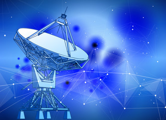 Satellite Dishes Antenna - doppler radar, digital wave and blue technology background - abstract illustration of science, astronomy, information technology, network solutions and digital technologies