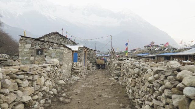 Nepalese village Sama Gaon among the mountains. Manaslu circuit trek area.