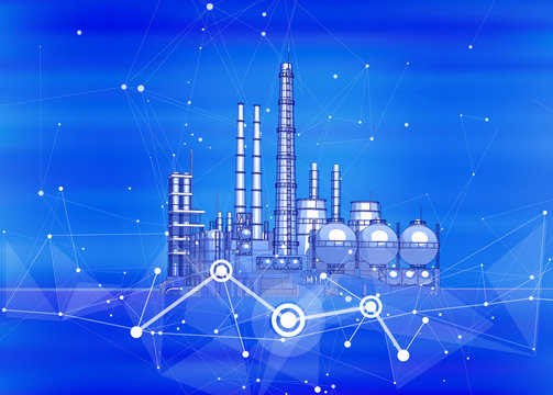 Modern Chemical Manufacturing Plant On A Blue Technological Background With A Stylized Digital Wave - The Concept Of Modern Technology, The New Industrial Revolution & Information Technology / Vector