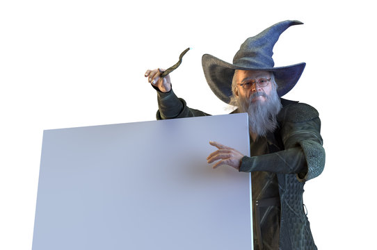 3D Illustration of an elderly the wizard Merlin holds banner on white background