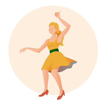 Young beautiful girl in yelow dress dances. Vector illustration. People on circular background in flat style. The poster flyer for studio of dances, shop of woman fashion.