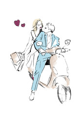 Young romantic couple on scooter  illustration on white background
