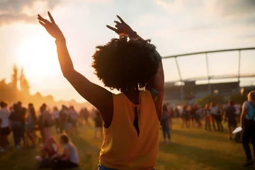 Foto op Plexiglas Young African American woman dancing at summer holi festival, back view © leszekglasner