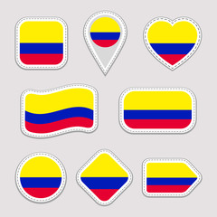Fototapeta premium Colombia flag vector set. Colombian, national flags stickers collection. Vector isolated geometric icons. Web, sports pages, patriotic, travel, school, geographic design elements. Different shapes