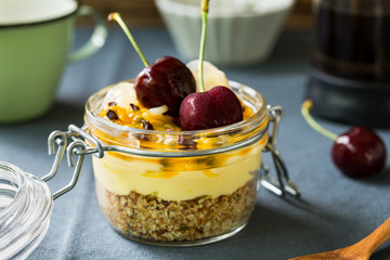 Cherry,Lychee and Passion fruit on Mascarpone grounded Almond and Walnut Cheese Pie