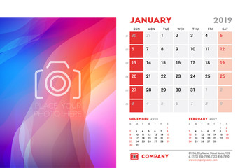 January 2019. Desk Calendar design template with place for photo. Week starts on Sunday. Three months on page. Vector illustration