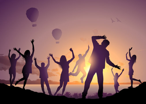 Illustration with happy dancing people silhouettes on beach