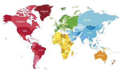 Political World Map vector illustration with different colors for each continent and different tones for each country. Editable and clearly labeled layers.