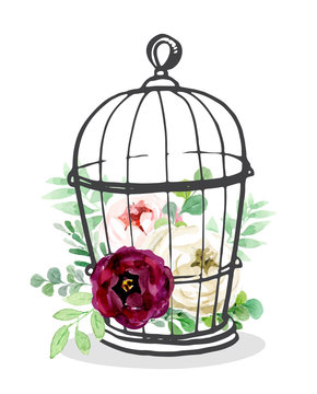 Birdcage  with  flowers , vector watercolor illustration