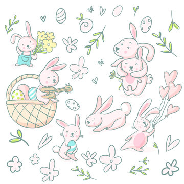 Cute girly hand drawn cute bunnies and flowers. 