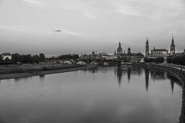 Fototapeta na wymiar Black and white panorama of Dresden with the river Elbe, Germany, Europe