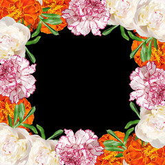 Beautiful floral background of carnation, peonies and marigolds 