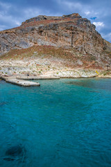 Imeri Gramvousa Island with ruins of Venetian fort on a Mediterranean Sea near island of Crete, Greece