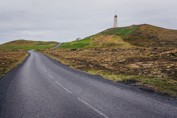 Road and Reykjanes lighthouse on Reykjanes Peninsula in Iceland