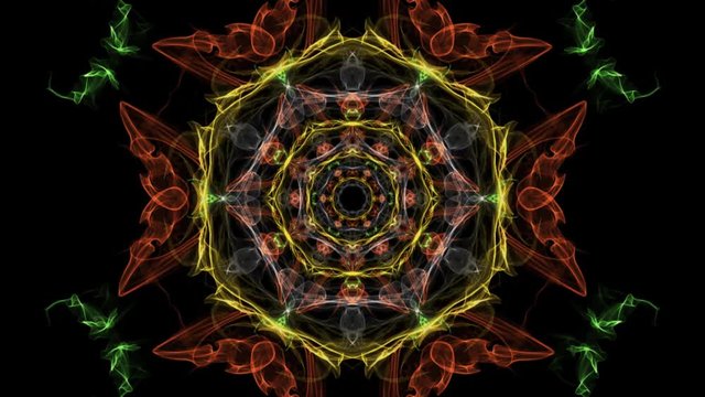Multicolored fractal in tunnel motion, abstract video in orange, red and yellow, nice symmetric shape, live fractal , 4k video